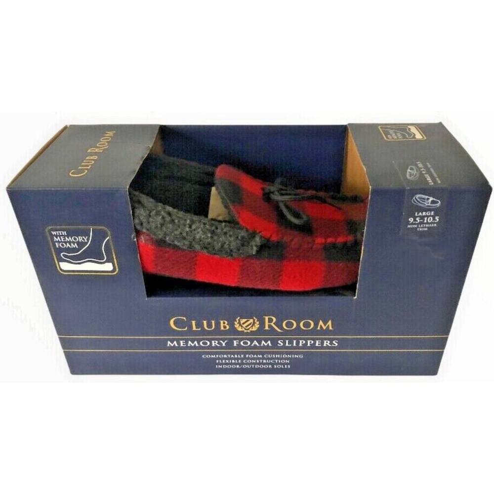 Club Room Mens Moccasin Slippers Buffalo Check Plaid Red Black Size L 9.5-10.5
